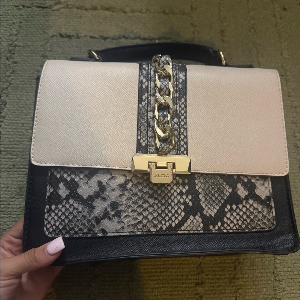 Aldo Black and Cream Satchel with Snake Print
